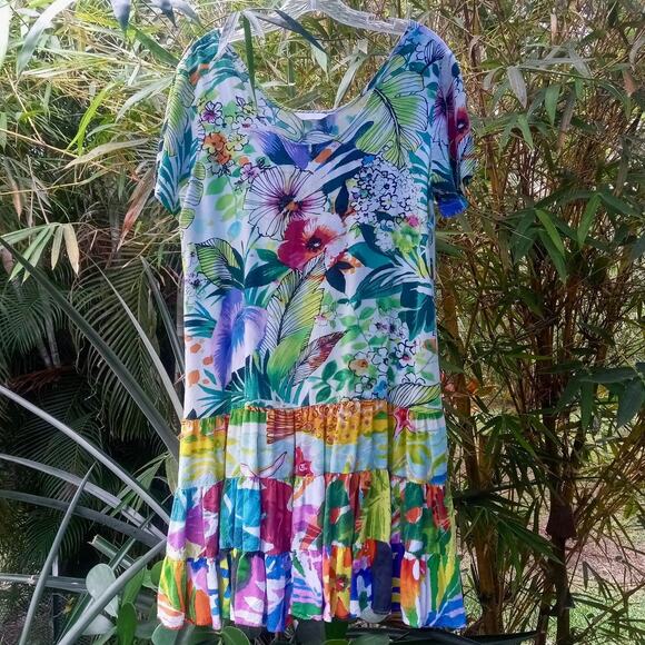 VTG JAMS WORLD Hattie Dress Hawaiian JUNGLE SPLASH Floral Print Short Sleeve M - Picture 1 of 8